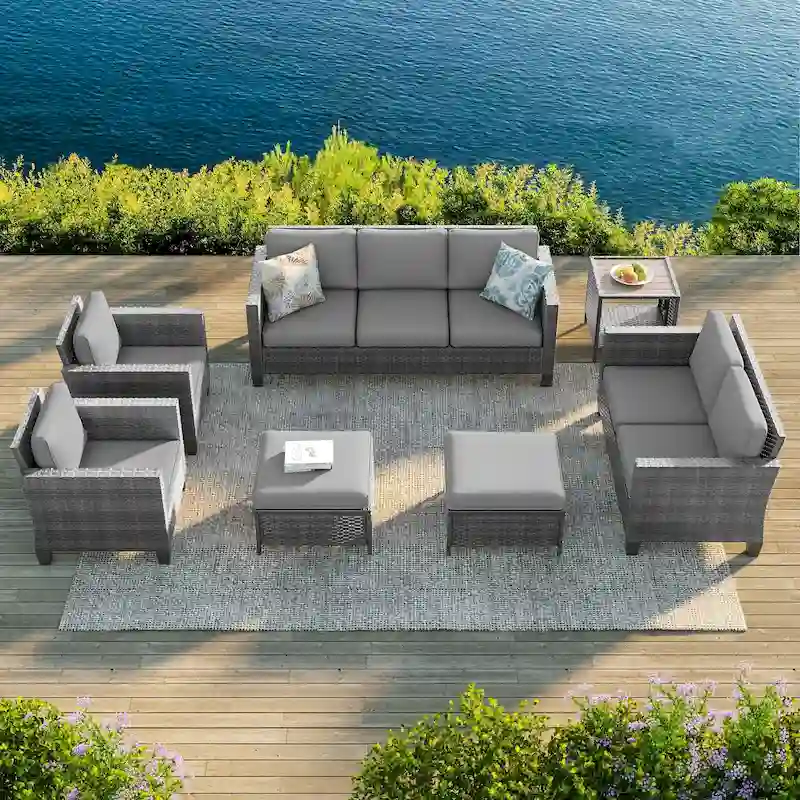 Bonosuki 7 Pieces PE Rattan Furniture Set with Side Table, Patio Chair with Washable Cushion, Ottomans for Balcony, Porch, Yard