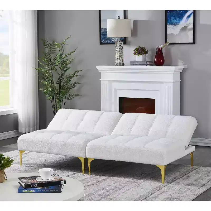 Comfortable Teddy Fabric Futon Sofa Gold Metal Legs, Foam & Spring for Living Room White