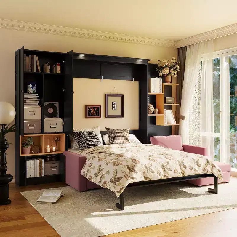 Queen Murphy Bed Frame with Gray Sofa, Storage Shelves & Cabinets