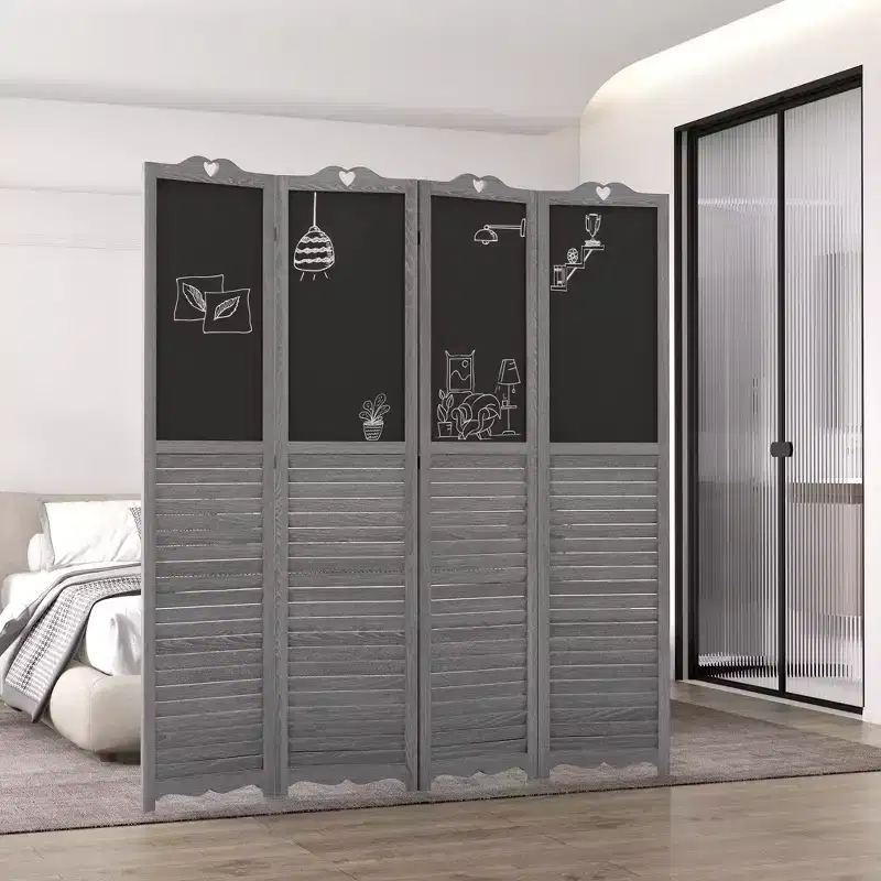4 Panel Folding Room Divider with Blackboard Freestanding Privacy Screen Panels for Home Office Gray