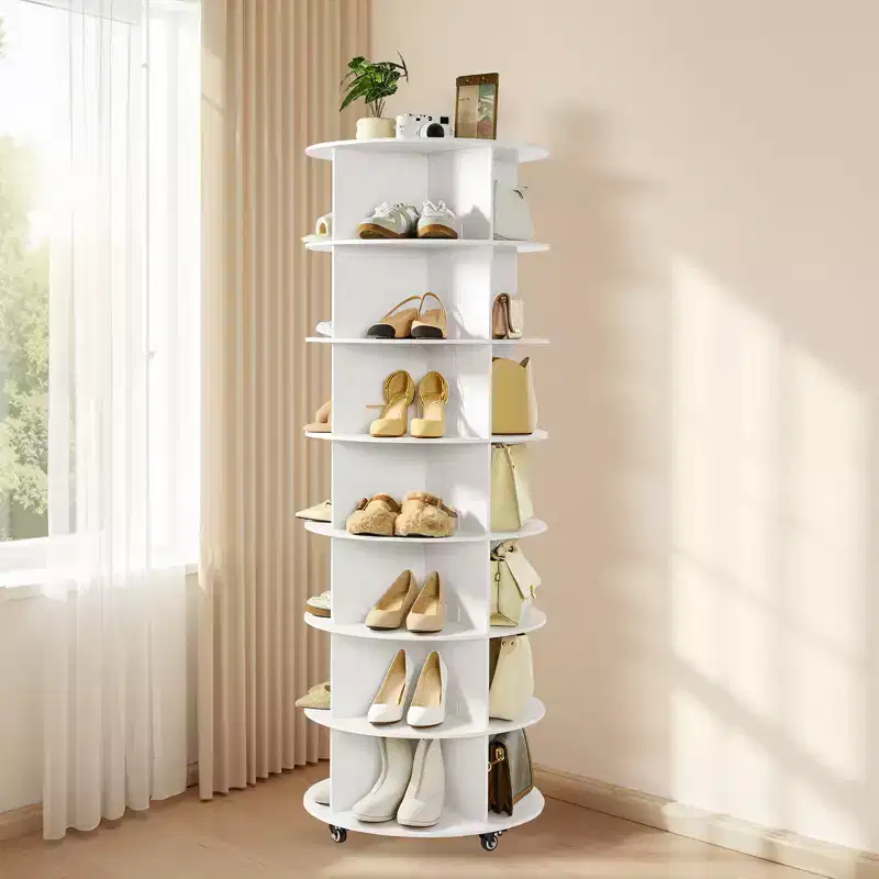 VEVOR 7 Tiers Rotating Shoe Rack Tower with Wheels, Movable 360 Spinning Carousel Display, Lazy Susan Organizer Closet Shelf, White