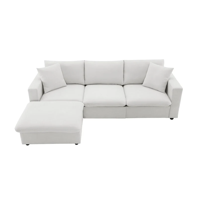 L-shaped Polyester Fabric Couch Set with 2 Free Pillows and Convertible Ottoman