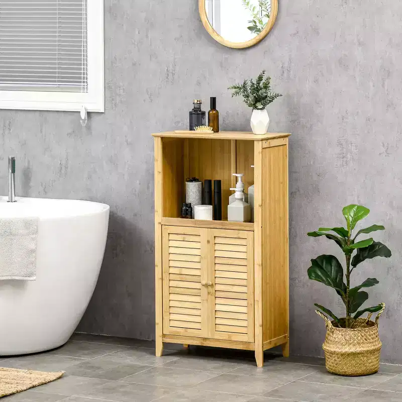 Bamboo Floor Cabinet Bathroom Floor Cabinet Living Room Organizer Tower with Multiple Shelves and Doors, Natural