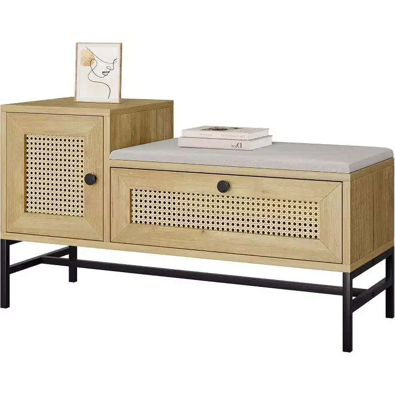 Rattan Shoe Bench with Storage, Entryway Bench with Flip Drawer Shoe Cabinet, Show Storage Bench for Hallway and Bedroom
