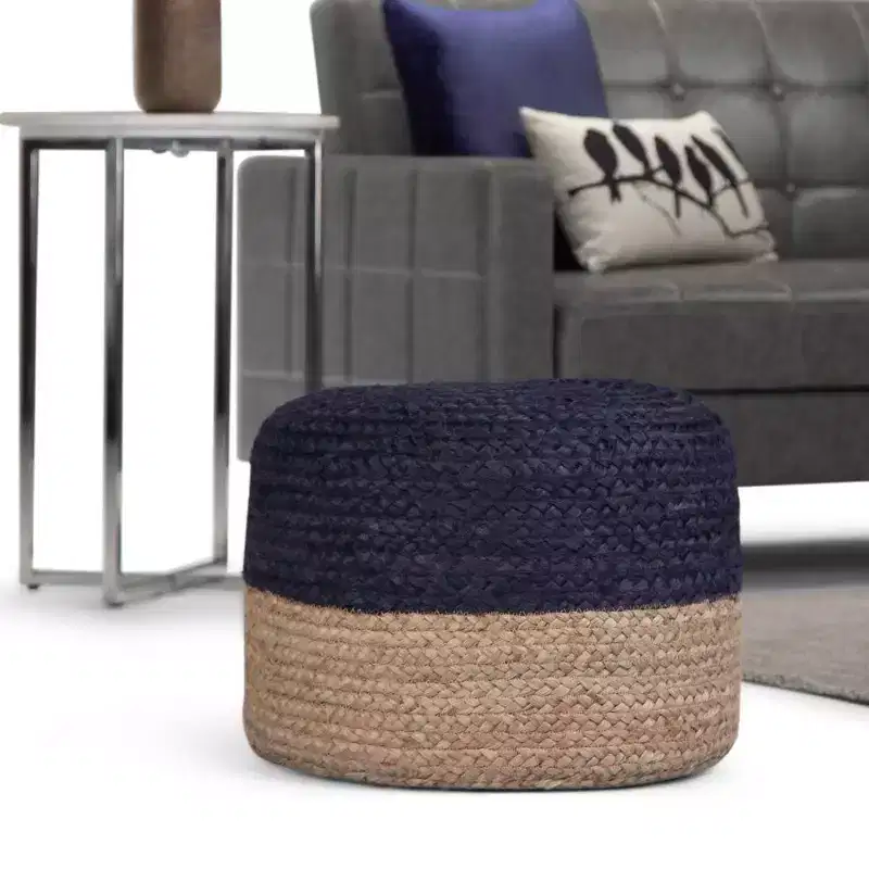 Contemporary Round Pouf, Pink/Natural Woven Jute