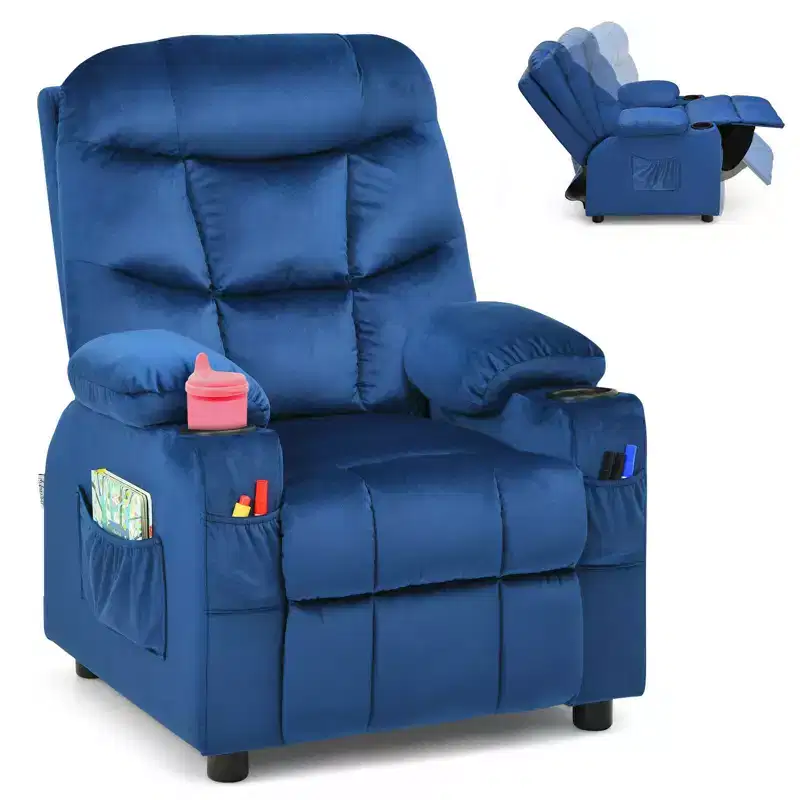 Costway Kids Youth Recliner Chair Velvet Fabric w/Cup Holder & Side Pocket Blue/Pink