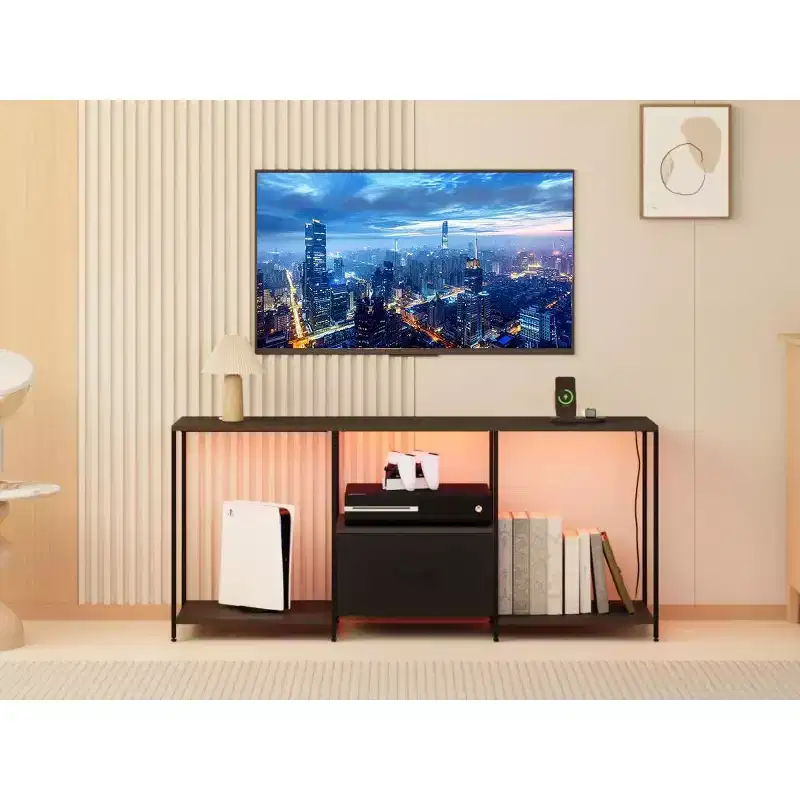 46 TV Stand with LED, Entertainment Center for 55 TVs, TV Cabinet with Storage Shelves, Long Dresser, for Bedroom, Living Room, Office,black