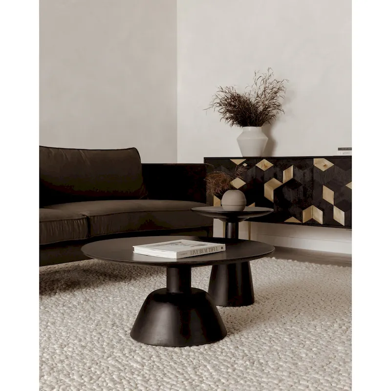 Black / Natural, Modern Round Pedestal Coffee Table for 1 – Solid Wood, 30W x 30D x 14H