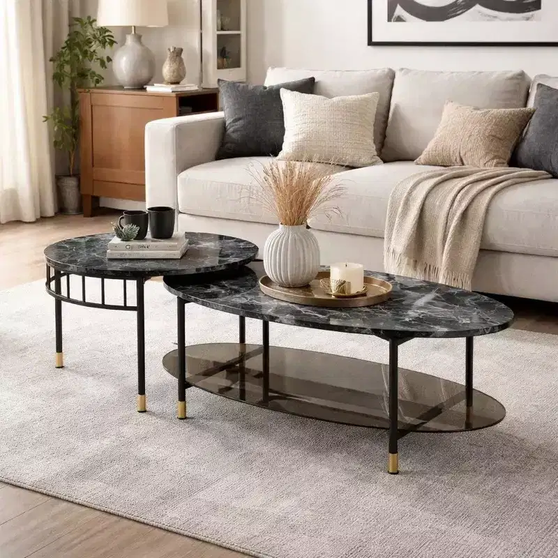 Royal Hampton 40 Inch 2 Piece Nesting Coffee Table, Faux Marble Top, Glass Shelf, Black