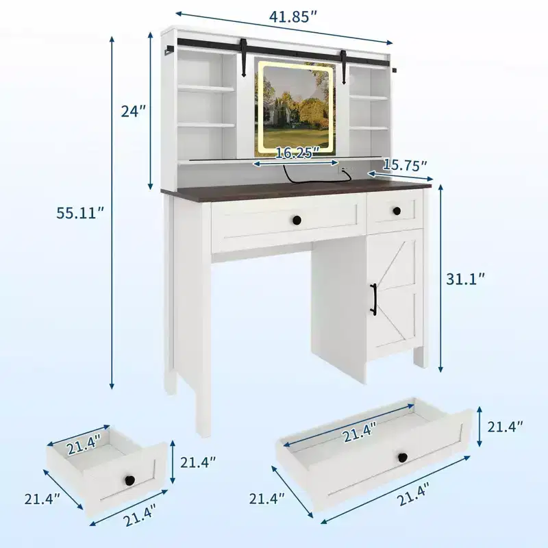 Modern Vanity Desk, 3 Drawers, Cabinet, Storage Stool, Shelves, for Home, Living Room