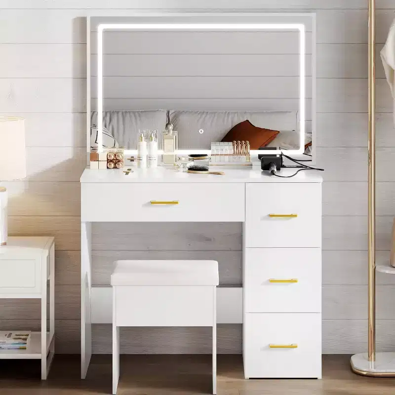 WAYES Makeup Vanity Set with LED Mirror, Charging Station, 4 Drawers & Storage Stool - 3-Foot Bedroom Vanity Desk, Modern White