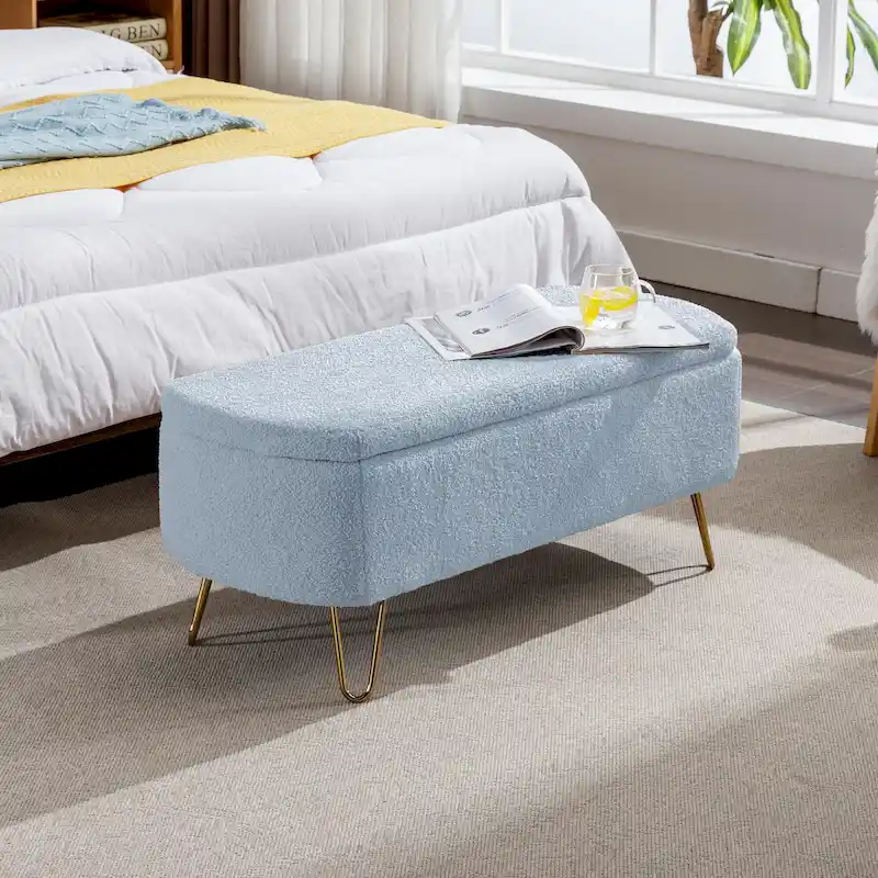 Oval Storage Ottoman Bench with Gold Legs by - 39.37L x15.75W x 15.50H
