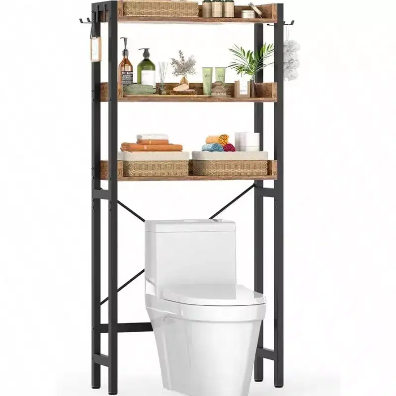 Over - Toilet Storage Rack 3 - Tier Bathroom Organizer Shelf Freestanding Space Saver Rustic Brown with 4 Hooks