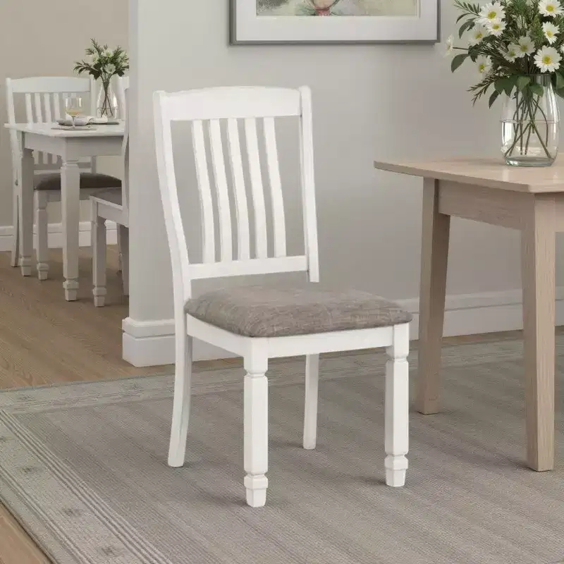 Royal Hampton Side Dining Chair Set of 2, Rustic White Wood, Gray Fabric, Slat Back