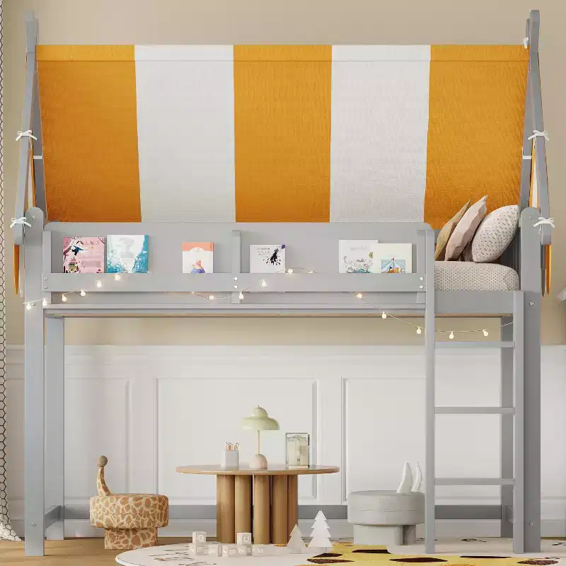 Twin/Full Size Loft Bed for Kids with Canopy, LED Lights & Book Shelf - ModernLuxe