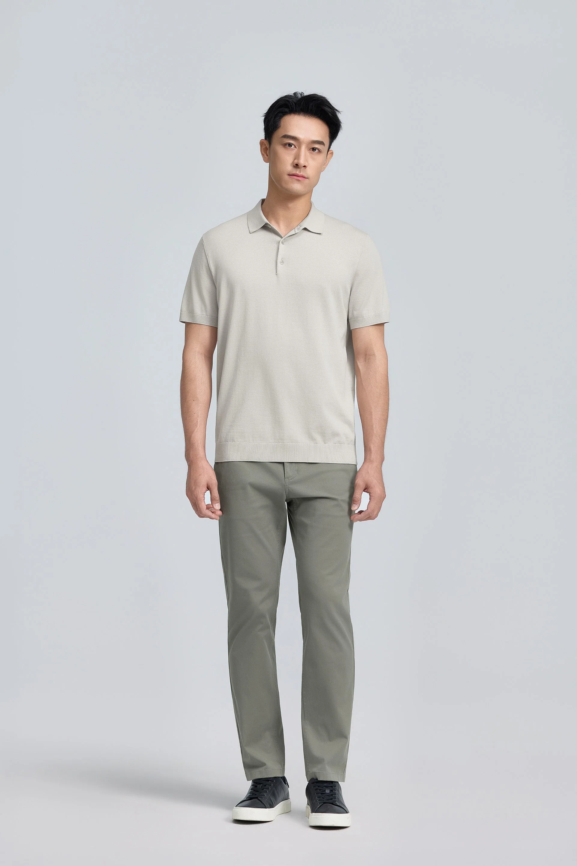 Flat-Knit Three-Button Sweater Polo – Silver Grey