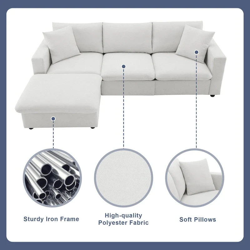 L-shaped Polyester Fabric Couch Set with 2 Free Pillows and Convertible Ottoman