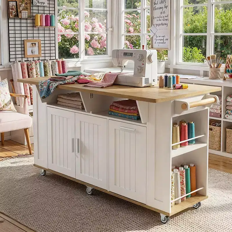 Famapy 63 Large Sewing Craft Workstation with Lockable wheels,Drop-Leaf Extensions,White Oak Craft Table for Sewing,Quilting & Fabric Arts