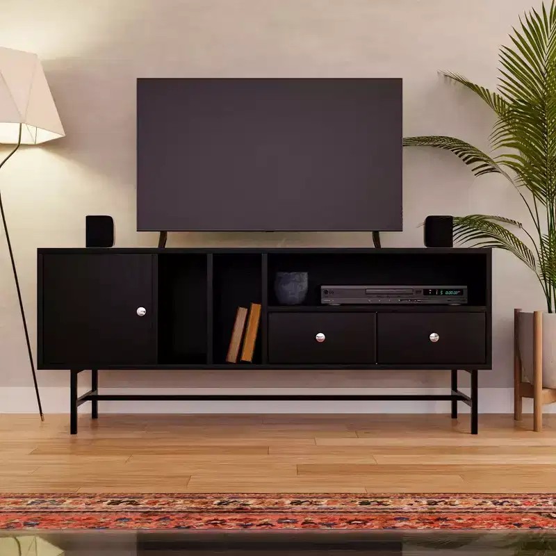 Mid-Century Modern TV Stand with Wood Frame, Enclosed Storage and Black Iron Legs, Media Console for Living Room