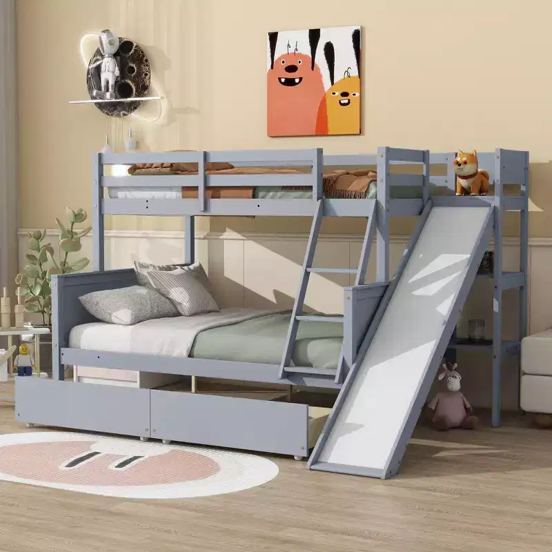 Twin over Full Bunk Bed with 2 Drawers and Shelves for Kids, Wood Bunk Bed with Ladder and Slide
