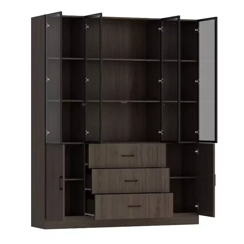 Brown Wood Display Cabinet With Glass Doors and LED Lights
