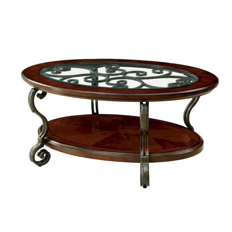 Brown Cherry Coffee Table with Scroll Metal Frame