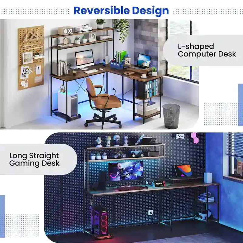 L-Shaped Gaming Desk with LED Strip & Power Outlets