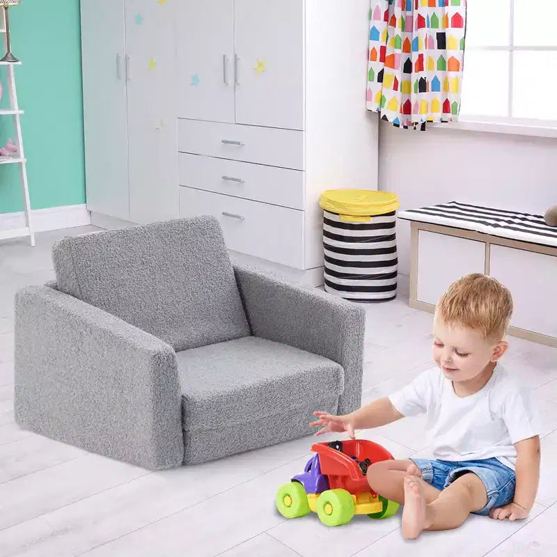 Costway 2-in-1 Toddler Fold out Couch Childrens Convertible Sofa to Lounger Grey