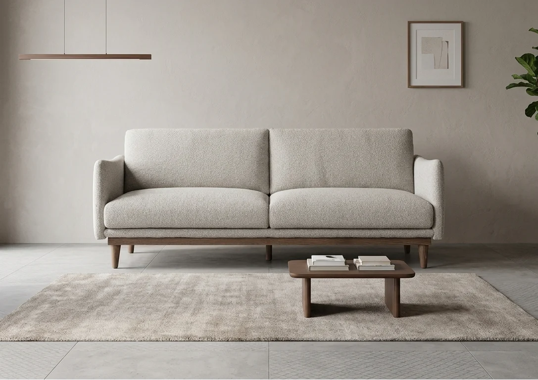 Solid Oak Walnut Gray Ceruse Beige Boucle Sink-In Sofa