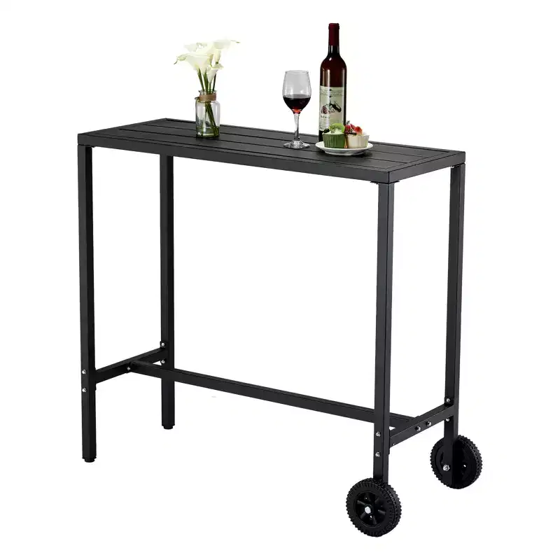 Mobile Outdoor Bar Table with Wheels Waterproof Metal Top, Adjustable Leveling Feet, Sturdy Counter Height for Patio,Yard, Poolside Black, 39Inch