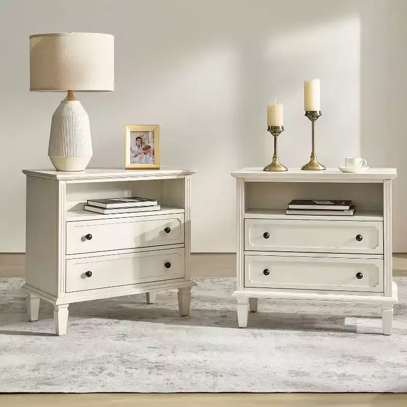Davide 2 - Drawer Solid Wood end table with Solid Wood Legs Set of 2|ARTFUL LIVING DESIGNS-WHITE