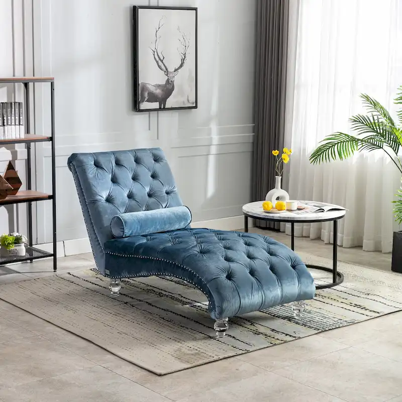 Button-Tufted Upholstered Velvet Recliner Chaise with Pillow and Acrylic Feet