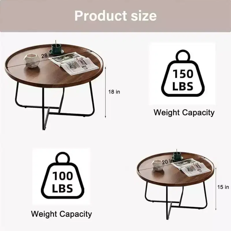 Nesting Coffee Table Set of 2 - Round Mid-Century Modern Tables for Living Room & Bedroom