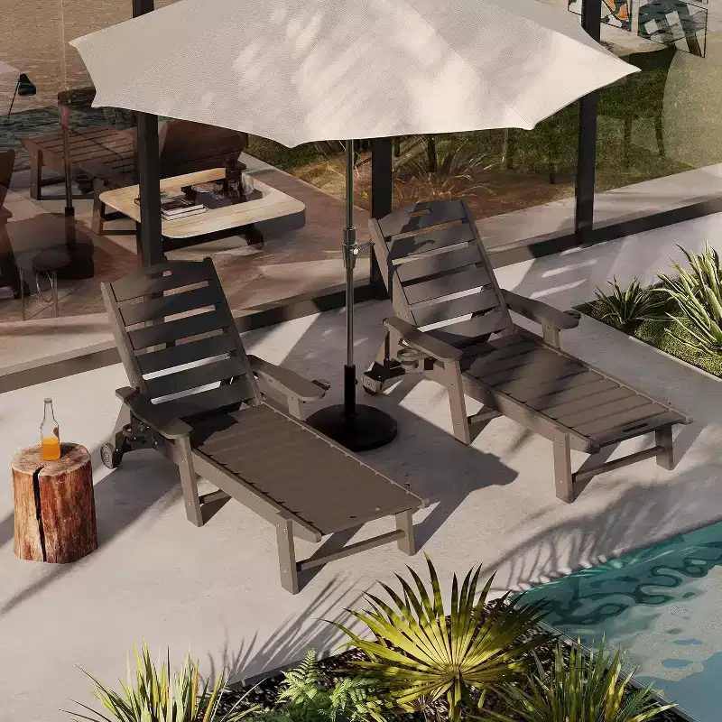 Outdoor Chaise Lounge with Rolling Wheels, Oversize HDPE 5-Position Pool Lounge Chairs, Pool Lounges Chairs