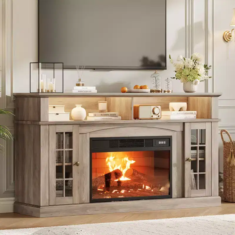 70 TV Compatible Entertainment Center, 58 Inch Media Console,Modern Wood Grain TV Stand with LED Lights, Glass Door Storage & Adjustable Shelves