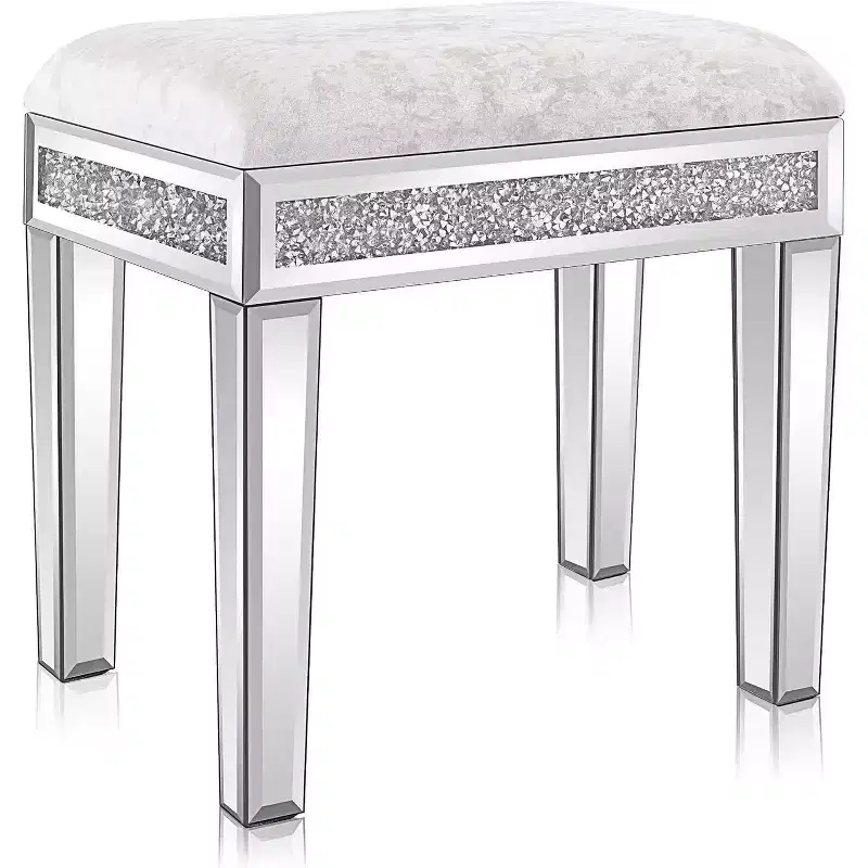 Mirrored Vanity Stool with Storage, Upholstered Velvet Ottoman Bench for Makeup Dressing Table, Silver