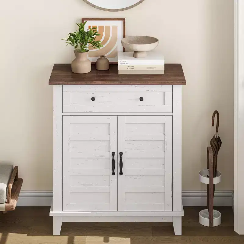 Rustic Storage Cabinet 31.5 Adjustable 3-Tier, Farmhouse Entryway Organizer with Slatted Doors