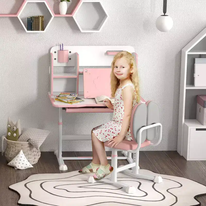 Whisen Kids Desk Set, Adjustable Kids and Ergonomic Study Desk and Chair Set with Tilting Tabletop - Pink