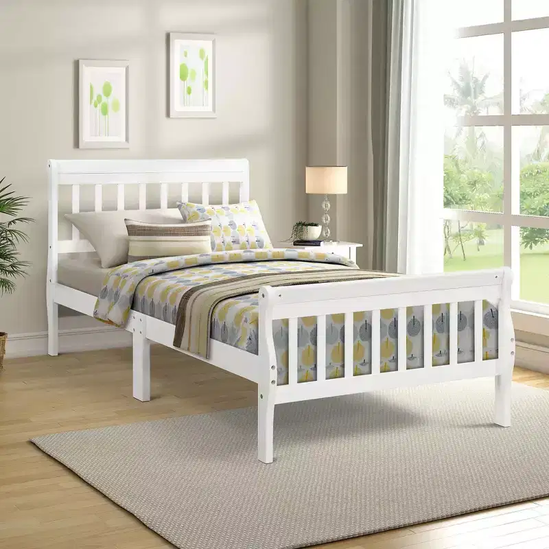 Wood Platform Bed Twin Bed Frame Panel Bed Mattress Foundation Sleigh Bed with Headboard Footboard and Wood Slat Support