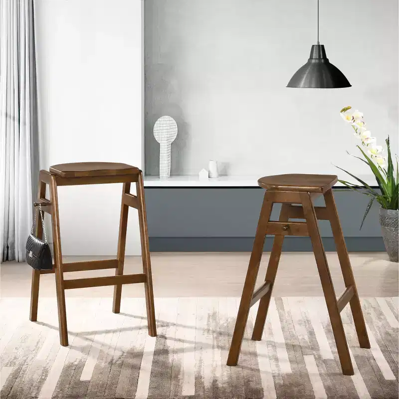 Mid-Century Modern Stackable Wood Barstools Set of 2 Walnut Finish Side Hook 28.75