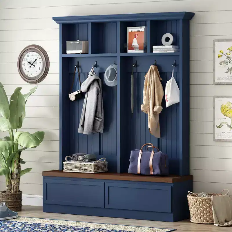 Farmhouse Hall Tree with Wood Grain Bench with 2 Large Drawer for Hallway