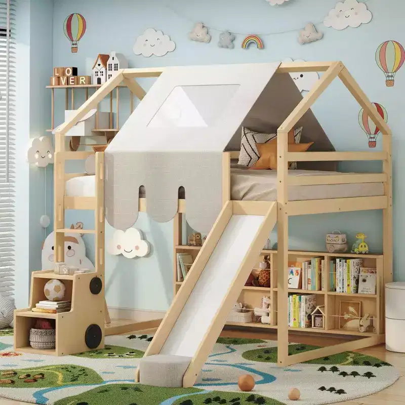 Loft Playhouse Bed with Slide, Tent Canopy & Built-in Storage