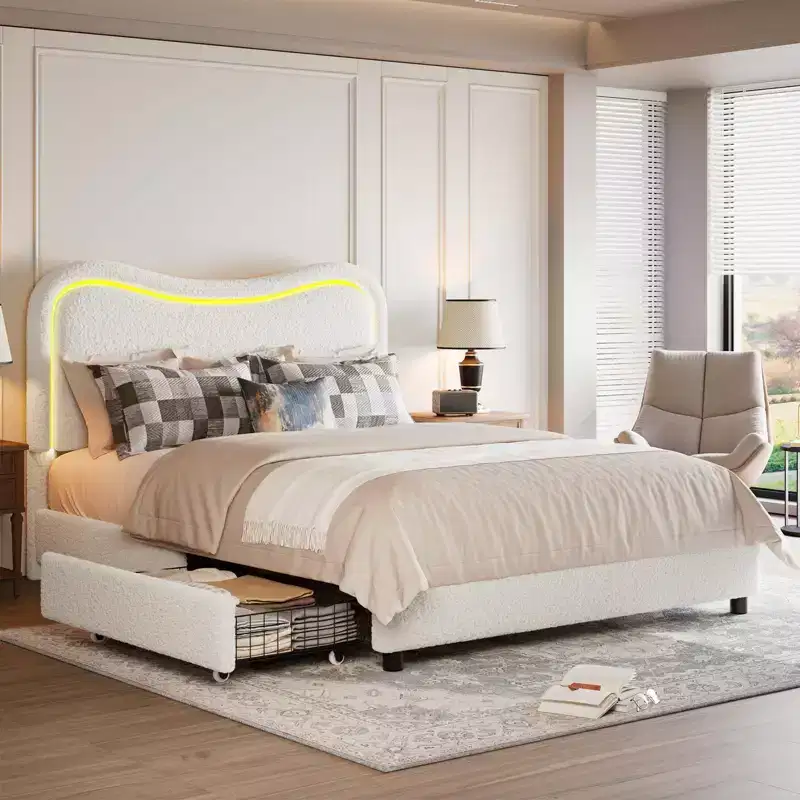 Coolmee Queen Bed Frame with 2 Drawers and Headboard, Cute Upholstered Bed with Storage, Sturdy Platform Bed, No Box Spring Needed, Wooden Slats
