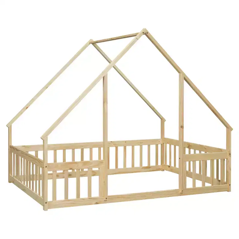 Zeus & Ruta Full Wood House-Shaped Floor Bed with Fence, Guardrails