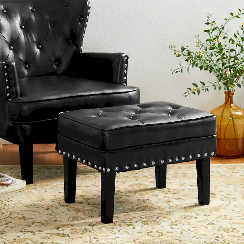 Black / Coffee Mid-Century Button-Tufted PU Leather Ottoman
