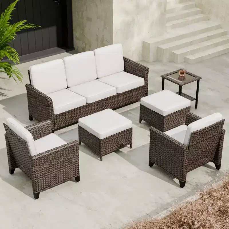 EAGLE PEAK Ocean Vista 6 piece Patio Variated Brown Wicker Sofa Set Dining Chairs, 3-Seat Sofa