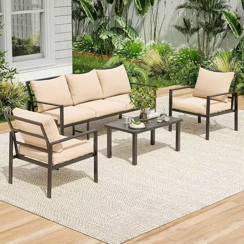 NAYSAYE Patio Chaise Lounges Metal Conversation Set with Thick Cushions and Coffee Table for Outdoor, Beige, 27.56*27.56*32.09