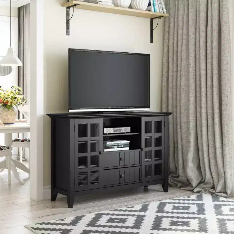 Normandy Solid Wood Wide Rustic TV Stand for TVs up to 53" Black - WyndenHall: Media Storage, Adjustable Shelves