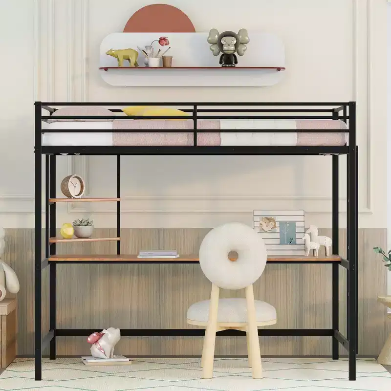 Twin/Full Size Metal Loft Bed with Desk and Shelves - ModernLuxe