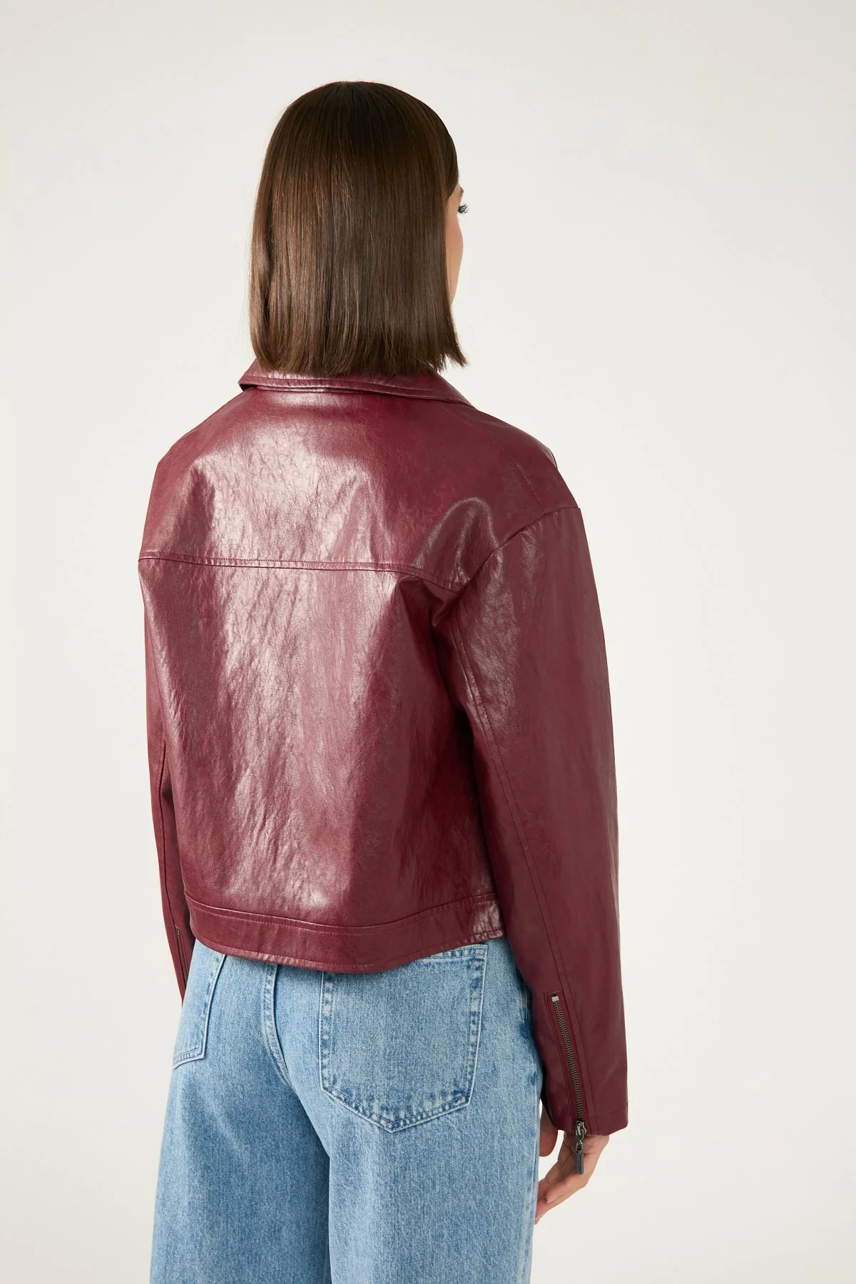 Faux Leather Zip Up Jacket Burgundy
